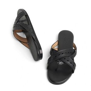 THE OFFICE OF ANGELA SCOTT Black Leather Crisscross Slide Sandals NEW